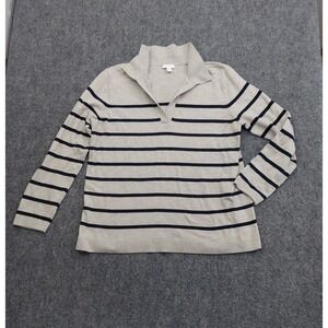 J Jill Sweater Women Medium Beige Black Striped Pullover Collared Long Sleeve